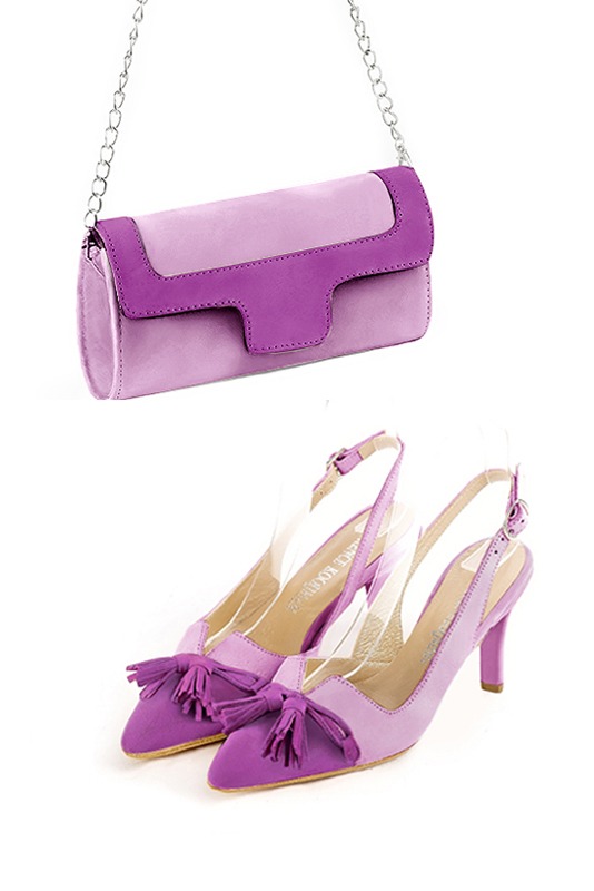 Mauve purple women's open back shoes, with a knot. Tapered toe. High slim heel. Worn view - Florence KOOIJMAN
